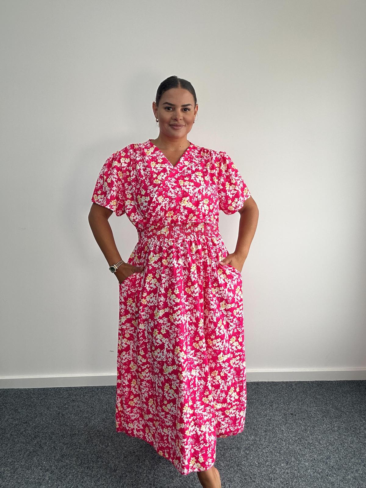 Printed Faux Wrap Maxi Dress With Shirred Waist
