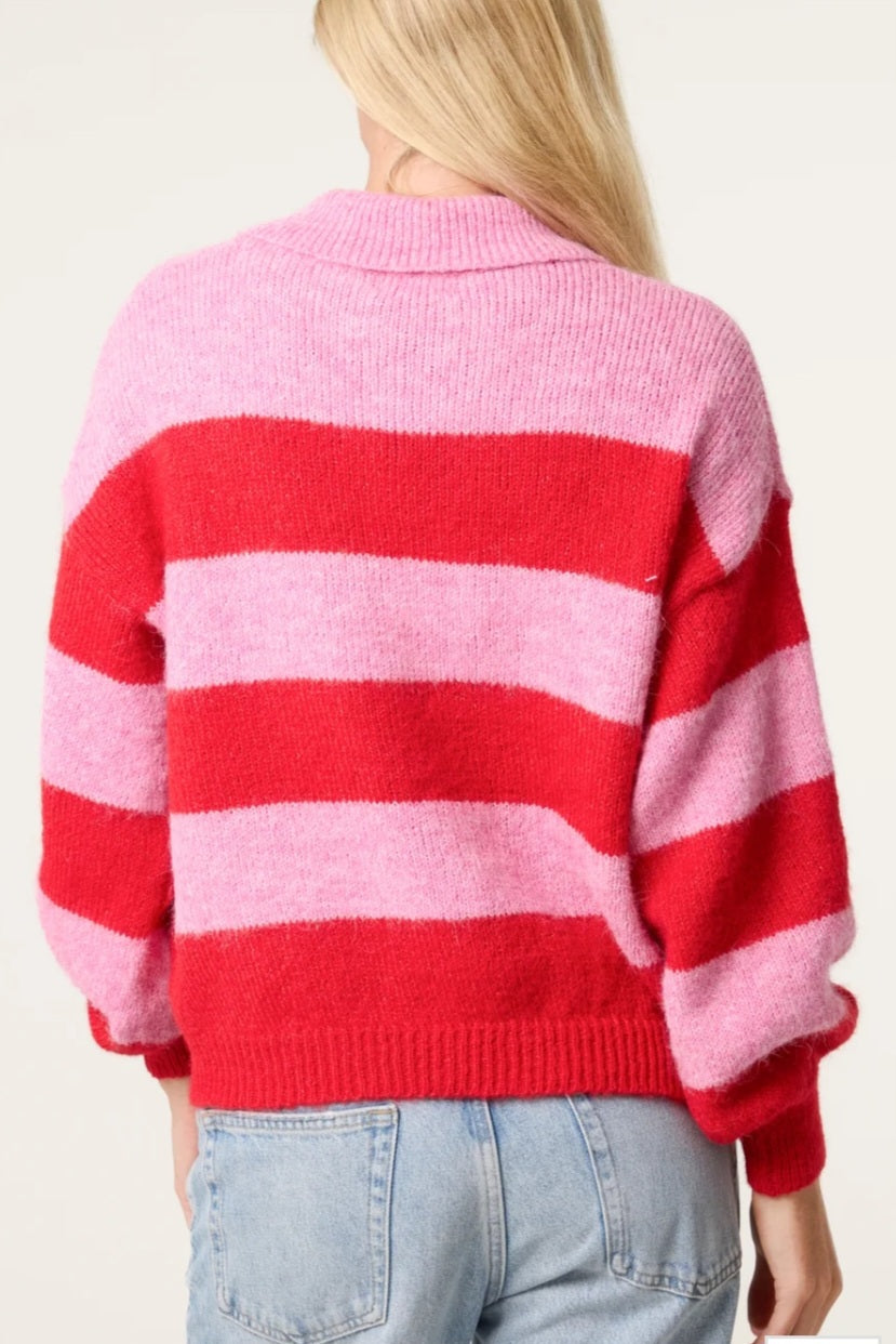 Polo Collar Striped Knit Jumper
