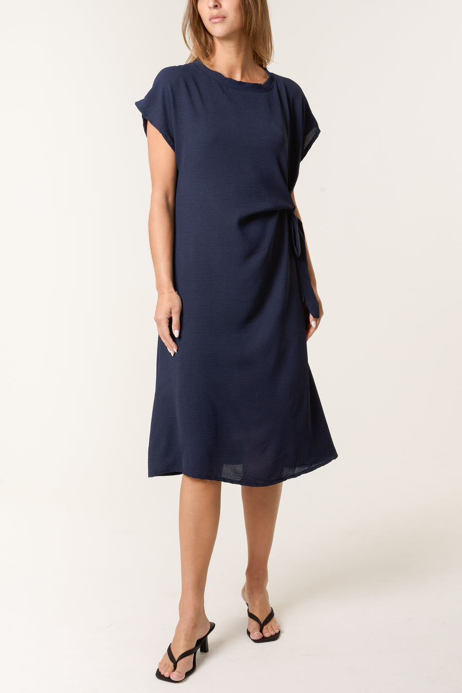 Short Sleeve Tie Front Midi Dress