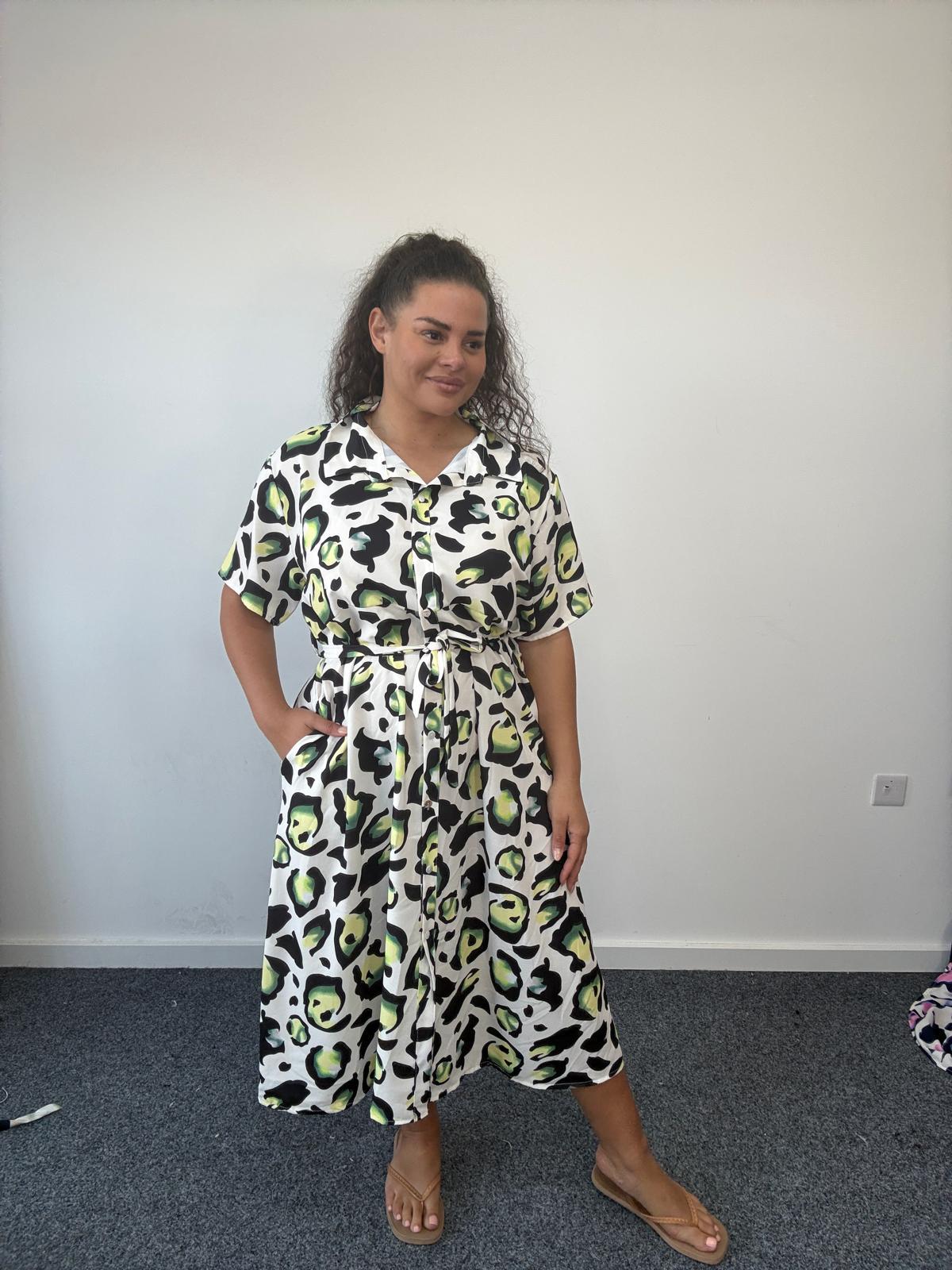 Green Leopard Print Shirt Dress