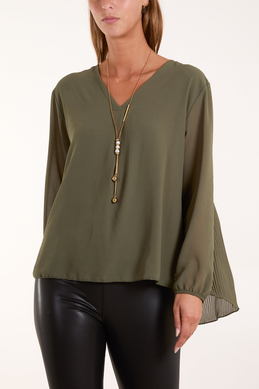 Pleated Back Blouse With Necklace
