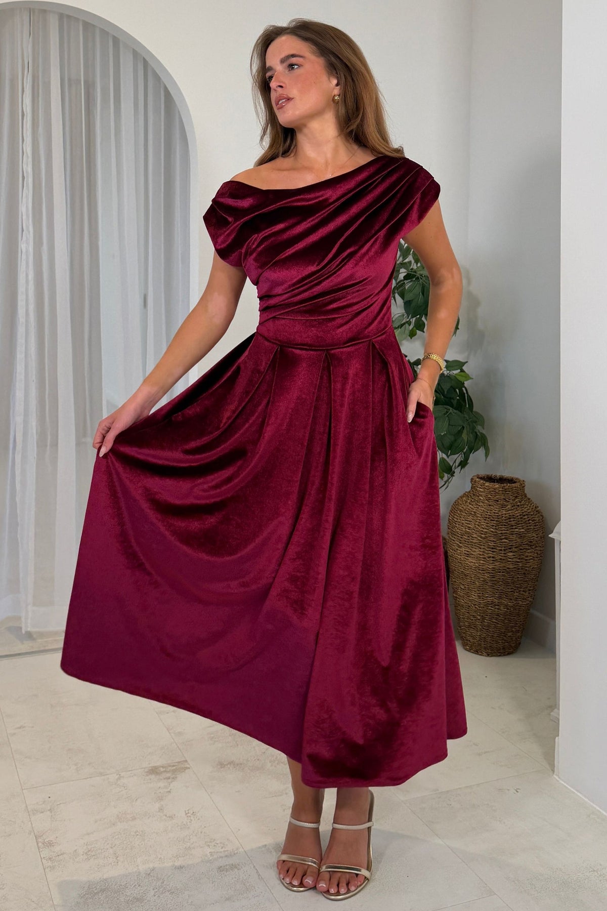 Girl in Mind Betty Asymmetric Neckline Skater Berry Velvet Dress