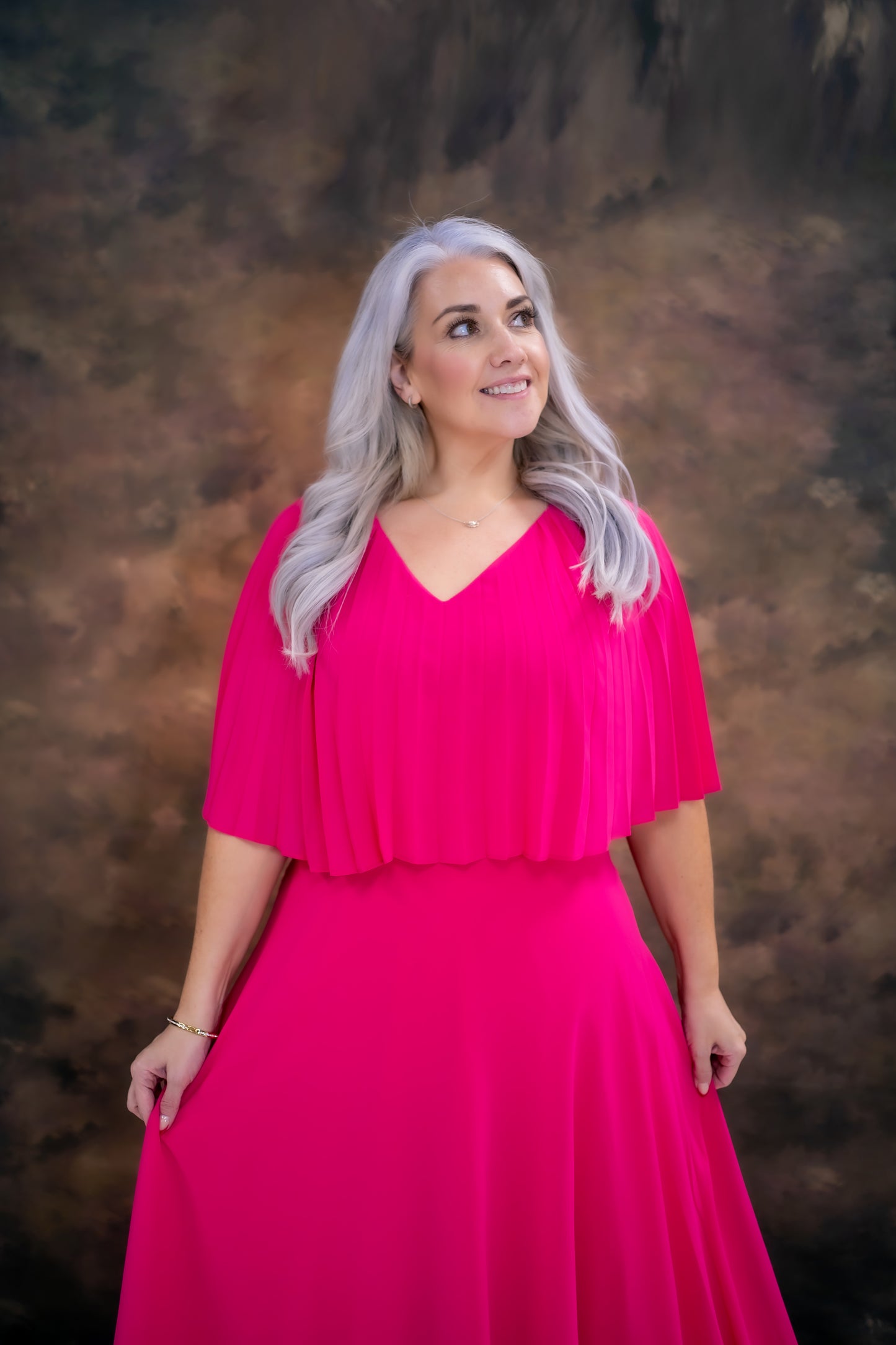 Lizabella Dipped Hem Dress With Pleated Cape Top