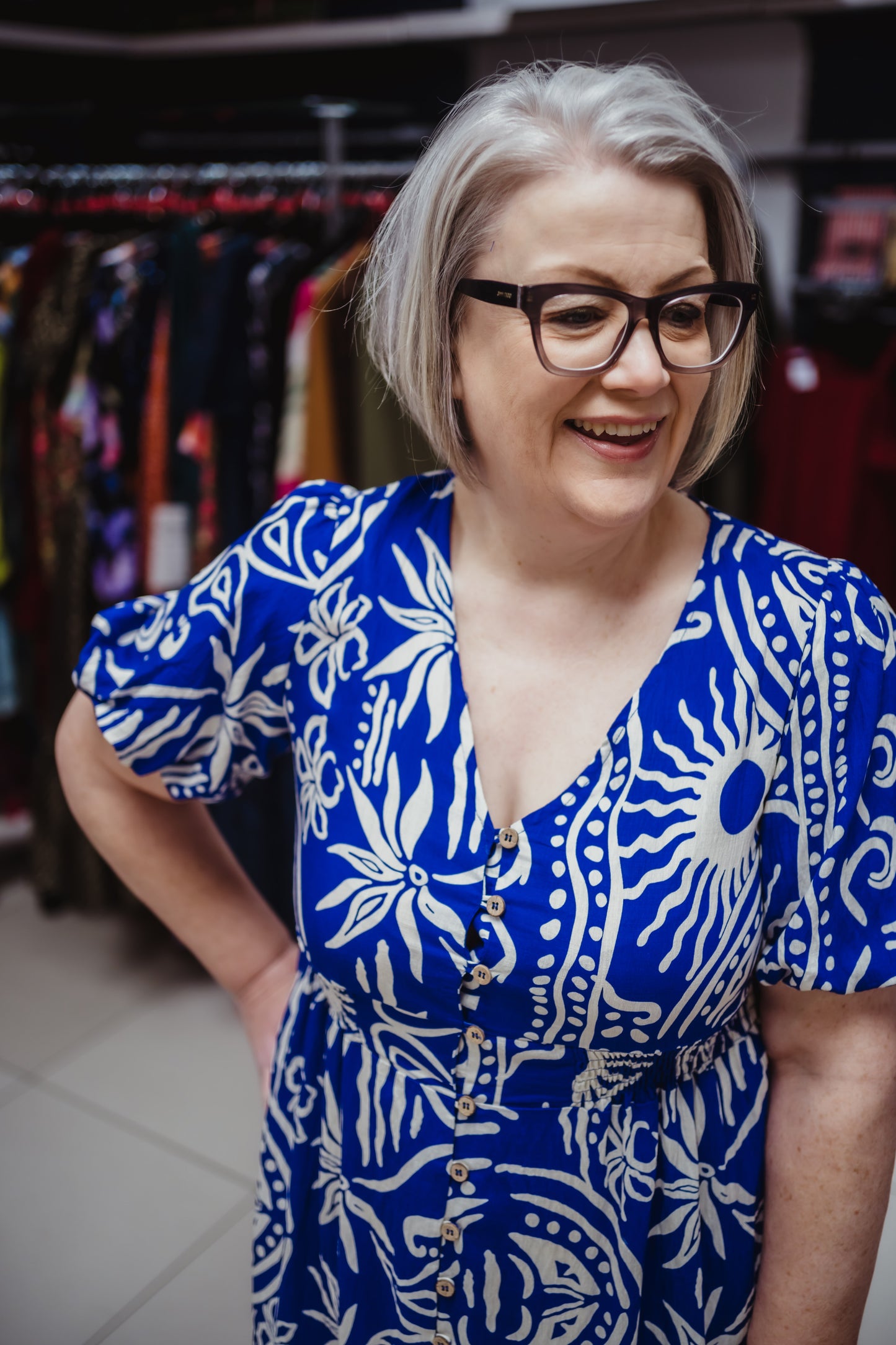 Blue Abstract Button Front Midi Dress