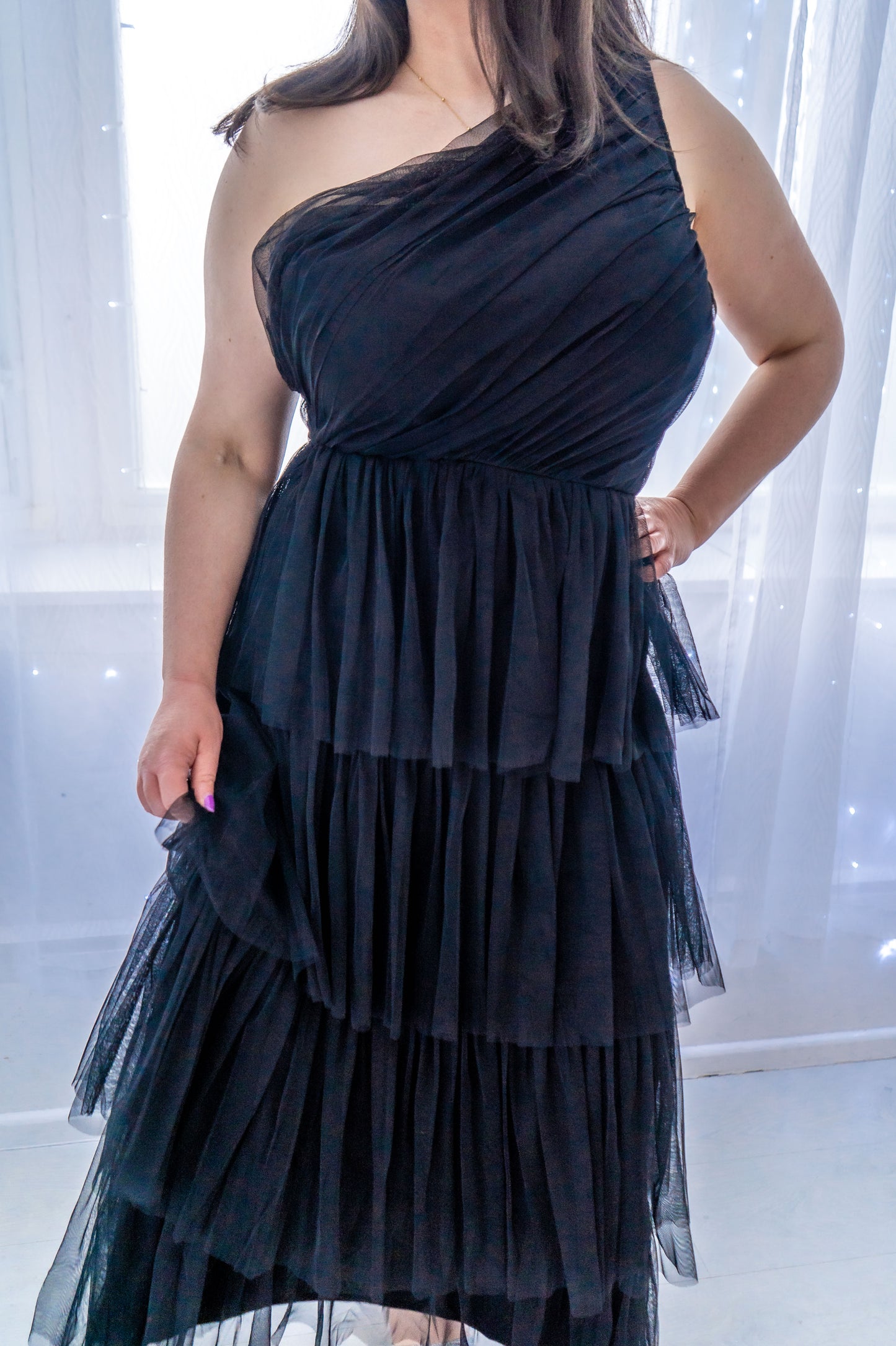 Anaya Black One Shoulder Tiered Midaxi Dress