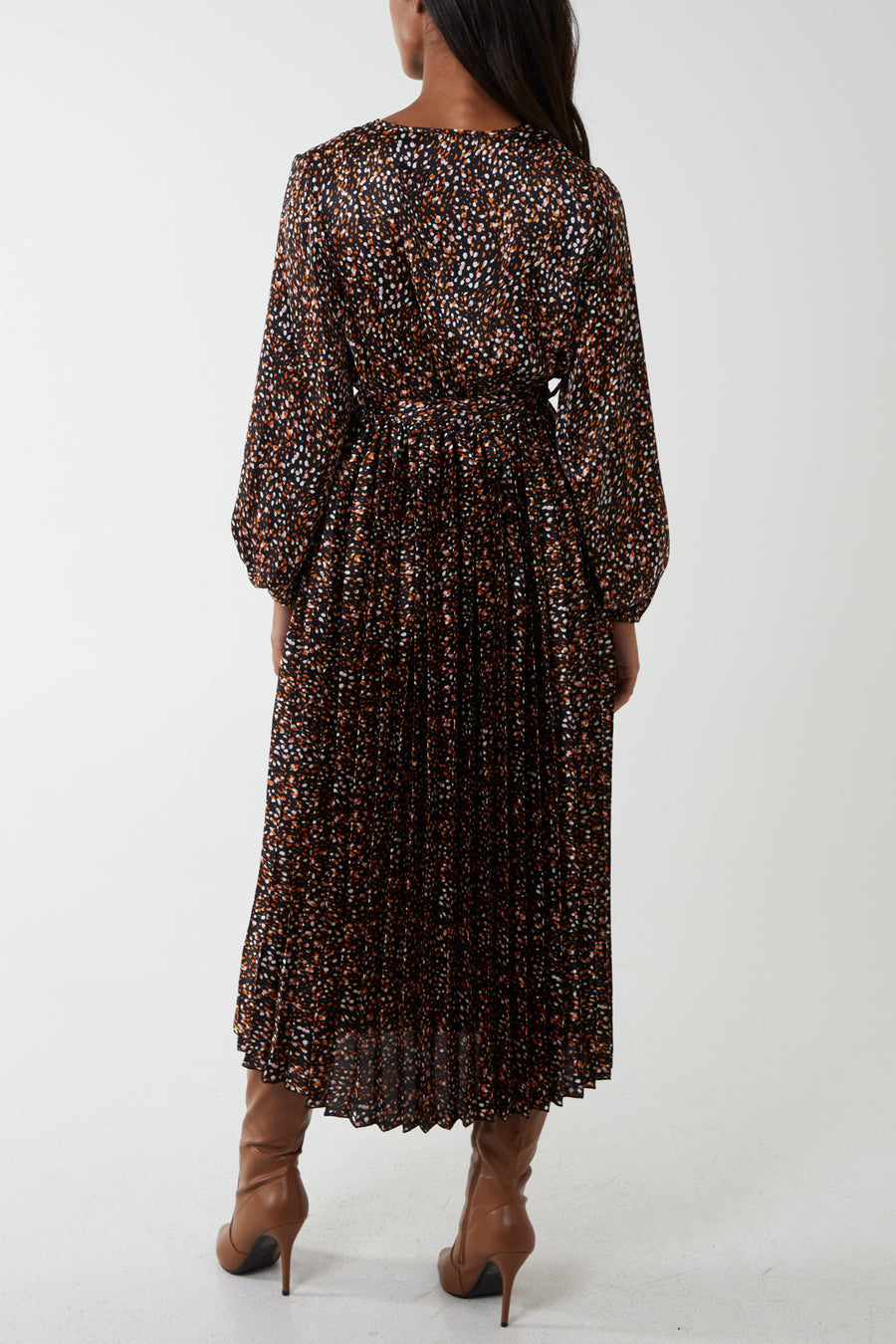 Wrap Front Abstract Dot Pleated Dress