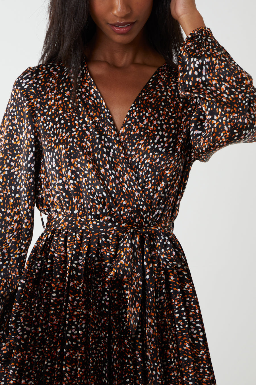 Wrap Front Abstract Dot Pleated Dress