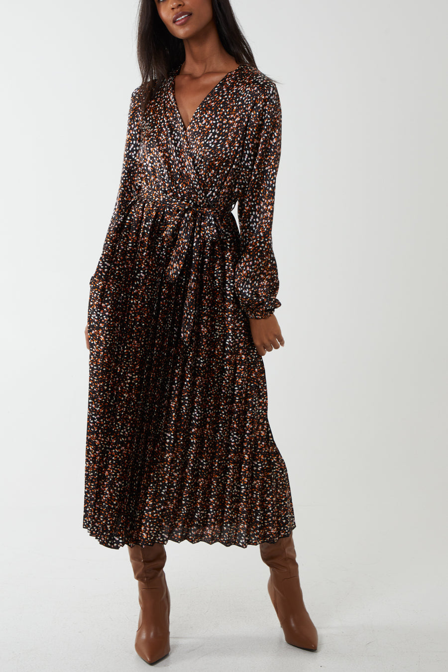 Wrap Front Abstract Dot Pleated Dress