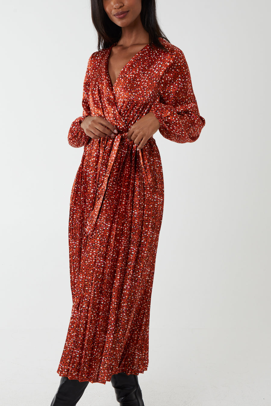 Wrap Front Abstract Dot Pleated Dress