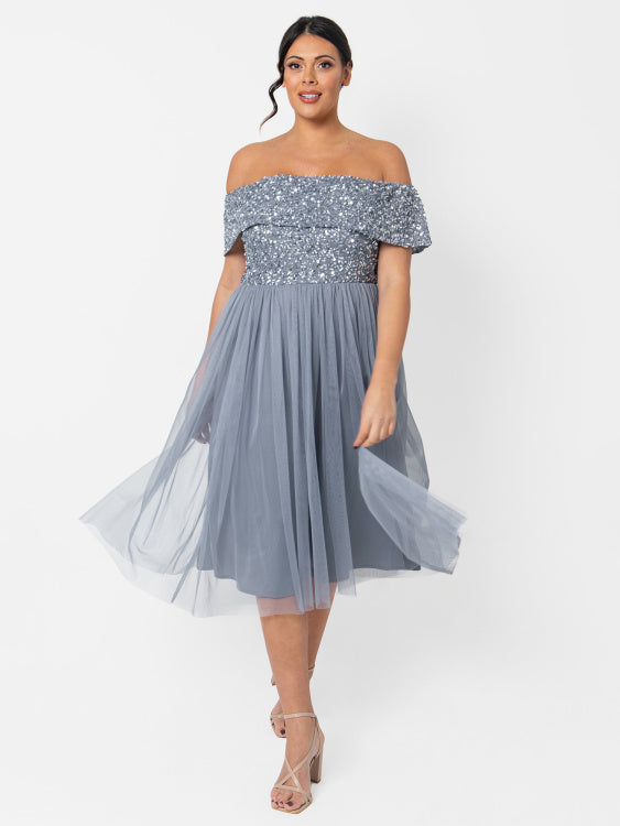 Maya Embellished Bardot Midi Dress