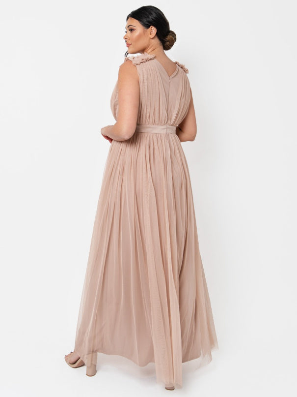 Maya Taupe Ruffle Shoulder Maxi Dress