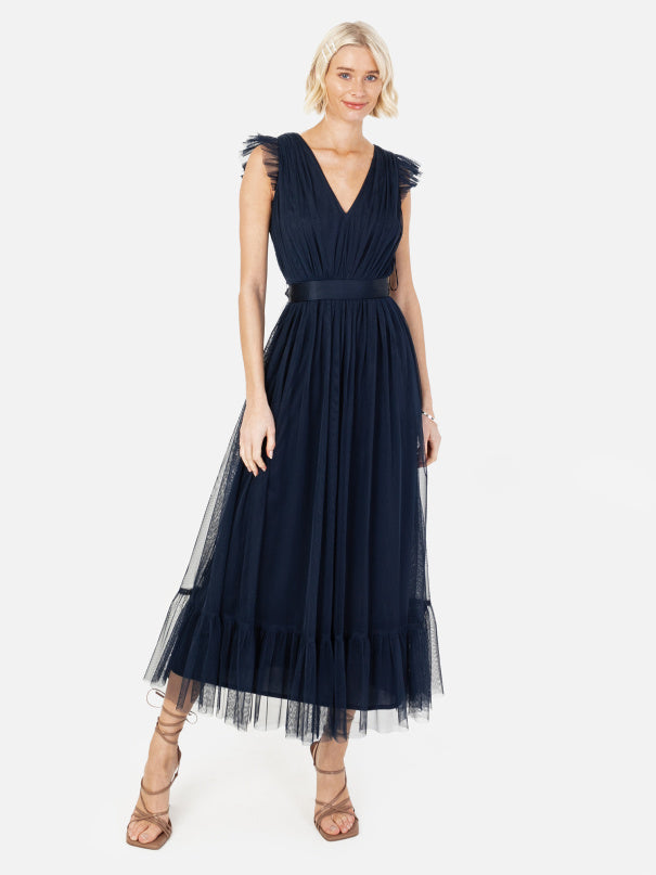 Anaya Navy Frill Shoulder Midaxi Dress Style for your Shape Anaya Navy Frill Shoulder Midaxi Dress Style for your Shape
