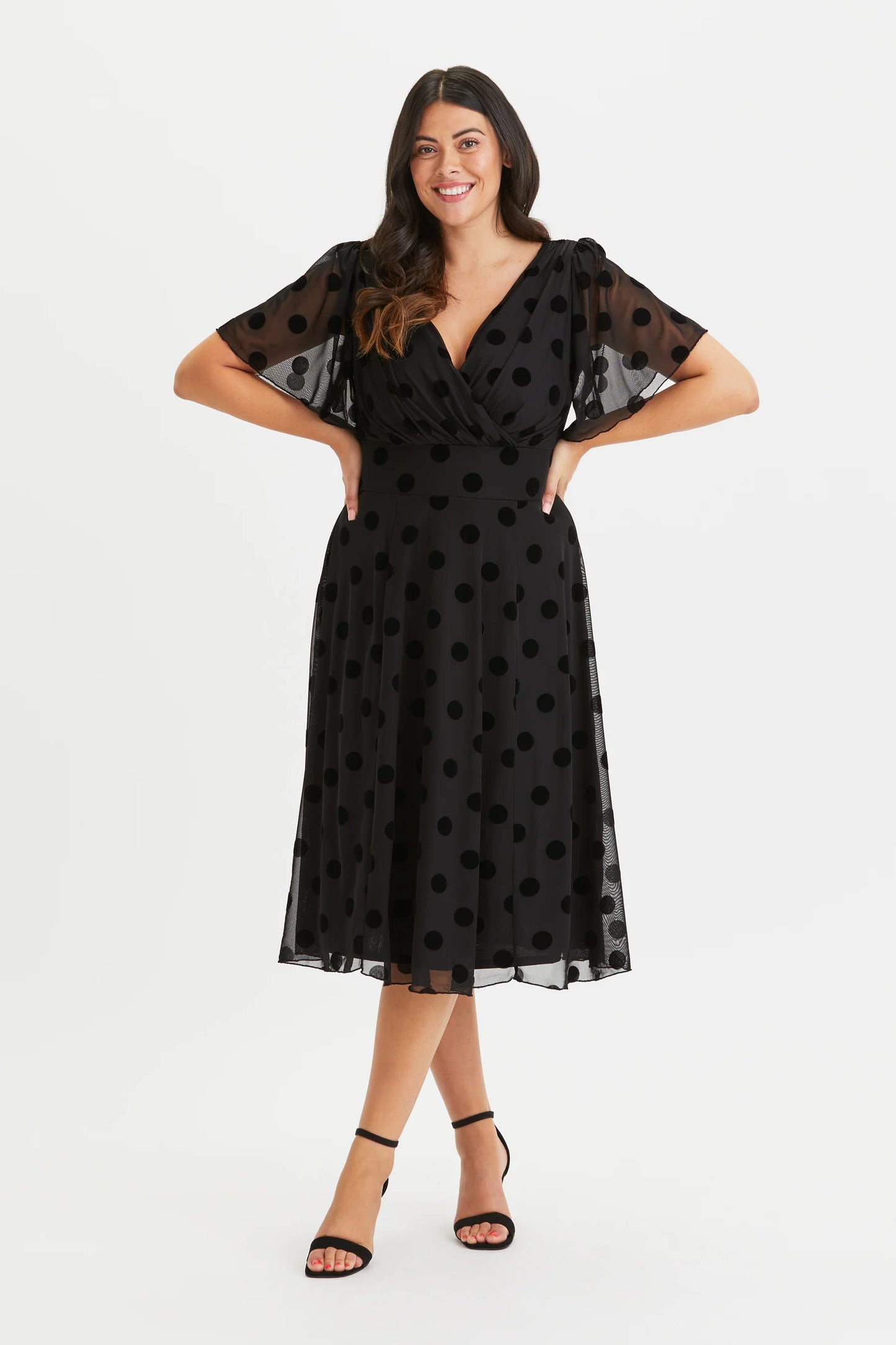 Scarlett & Jo Victoria Black Velvet Spot Midi Dress
