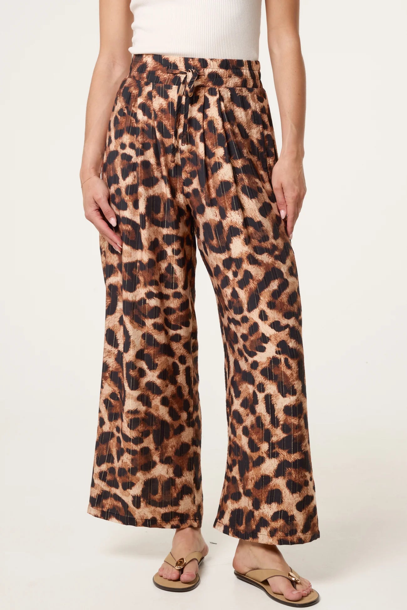 Metallic Stripe Leopard Print Wide Leg Trousers