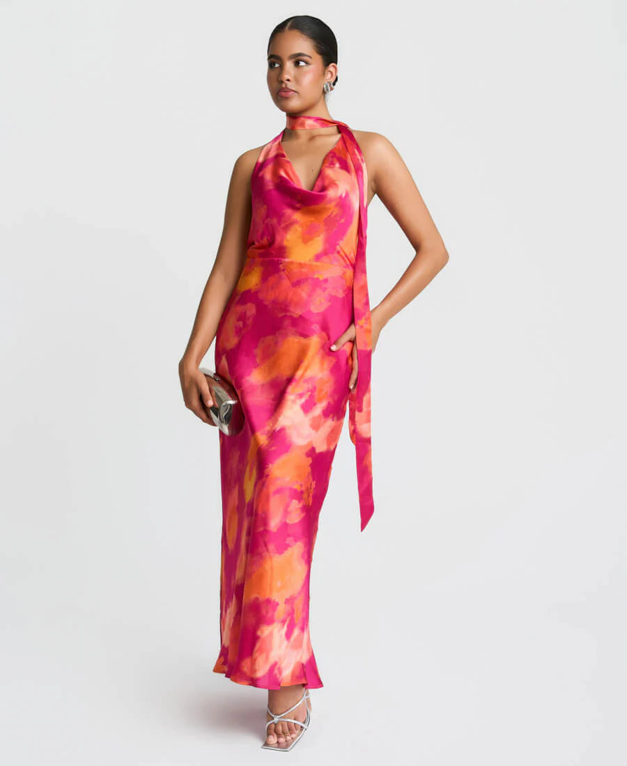 Needs No Label Orange and  Fuschia Tie Neck Marble Maxi Dress