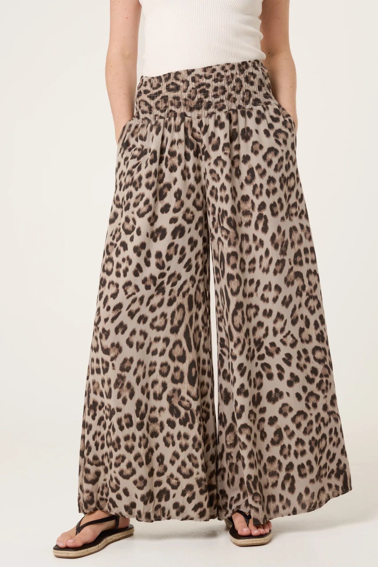 Leopard Print Shirred Waistband Wide Leg Trousers