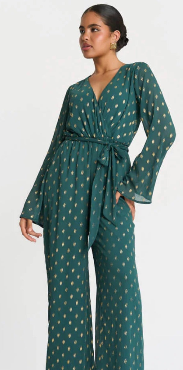 Needs No Label Foil Spot Wrap Jumpsuit