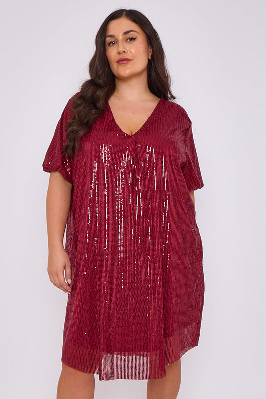 V Neck Wine Sequin Dress