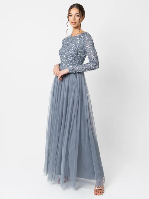 Maya Dusty Blue Round Neck Embellished Maxi