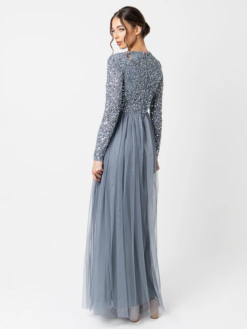 Maya Dusty Blue Round Neck Embellished Maxi
