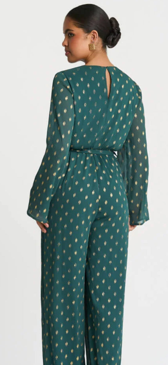 Needs No Label Foil Spot Wrap Jumpsuit