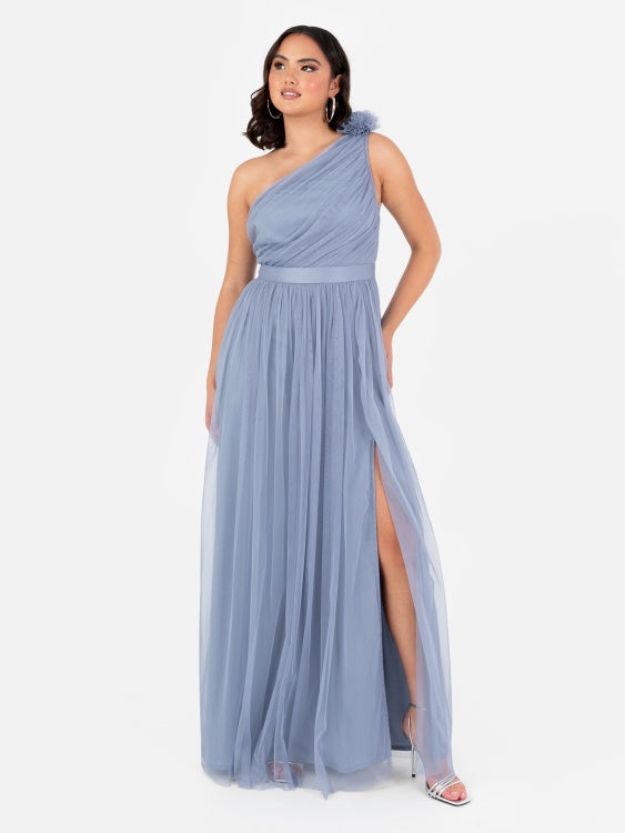 Anaya Slate Blue Ruffled One Shoulder Maxi Dress With Sash