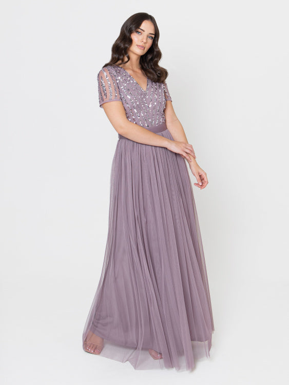 Maya Lilac V Neck Stripe Embellished Maxi Dress