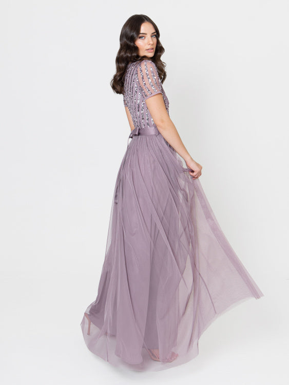 Maya Lilac V Neck Stripe Embellished Maxi Dress