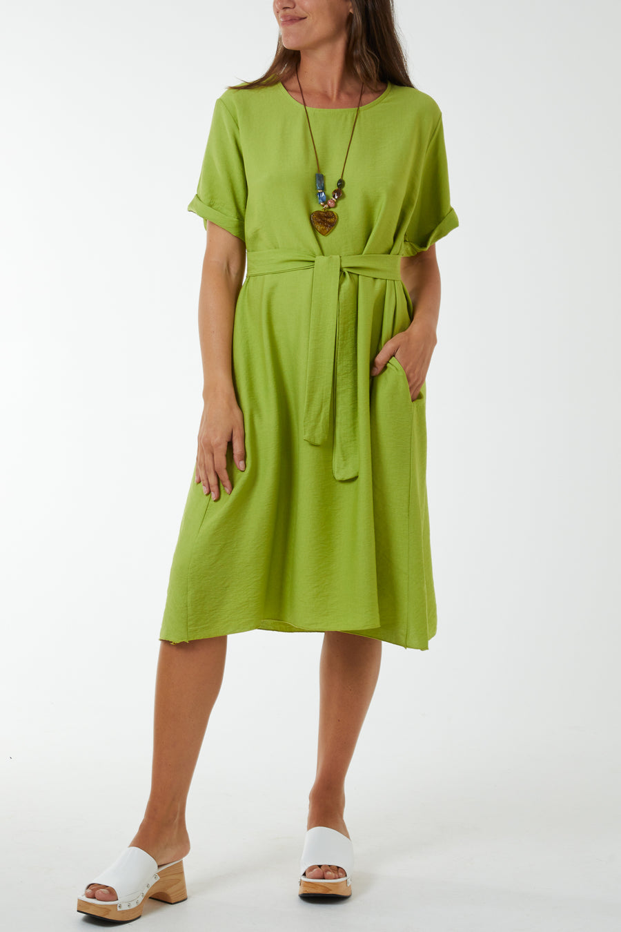 Lime Green Belted Dress with Necklace