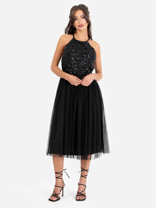 Maya Black Embellished Halter Midi Dress