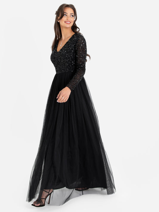 Maya Black Embellished Long Sleeve Maxi Dress