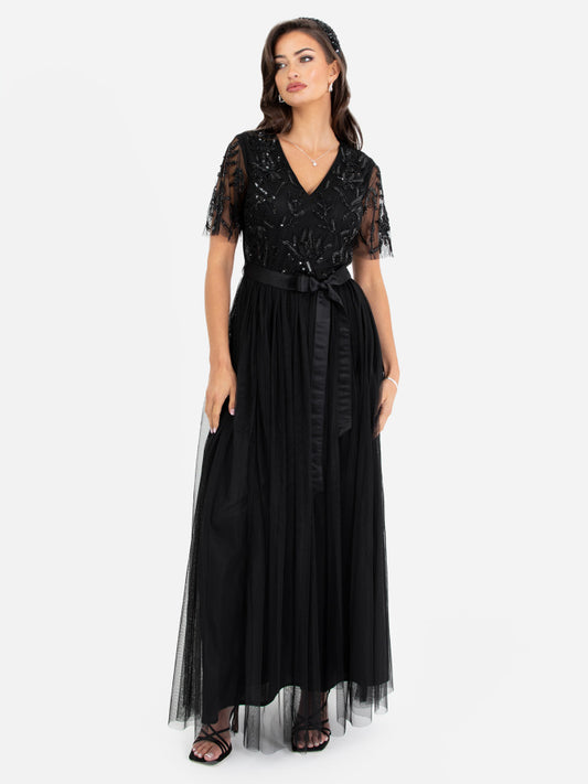 Maya Black Floral Embellished Maxi Dress