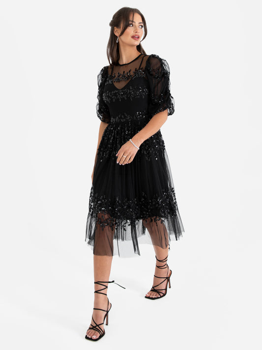 Maya Floral Black Ruched Sleeve Midi Dress