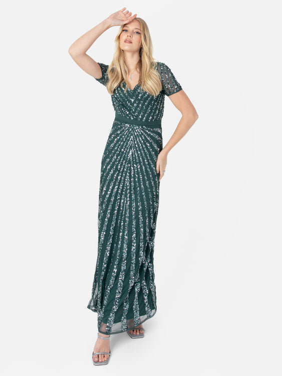 Maya Emerald Short Sleeve Stripe Embellished Maxi Dress