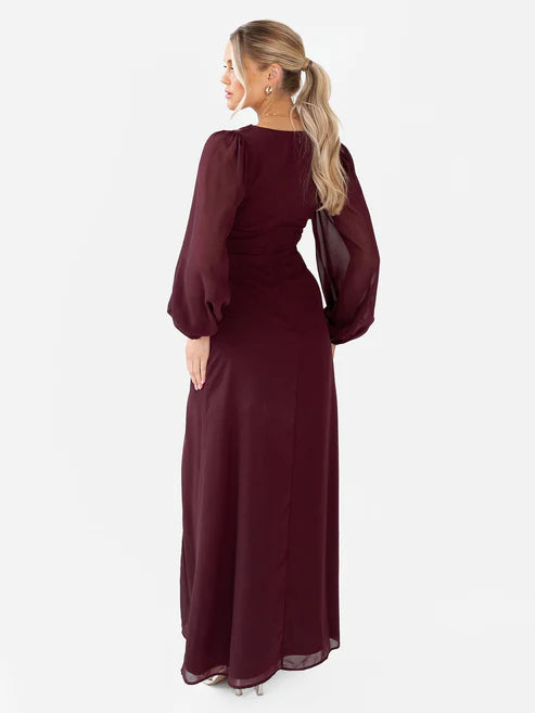 Anaya Maroon Faux Wrap Blouson Sleeve Maxi Dress