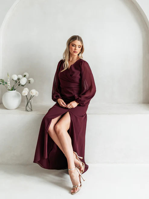 Anaya Maroon Faux Wrap Blouson Sleeve Maxi Dress