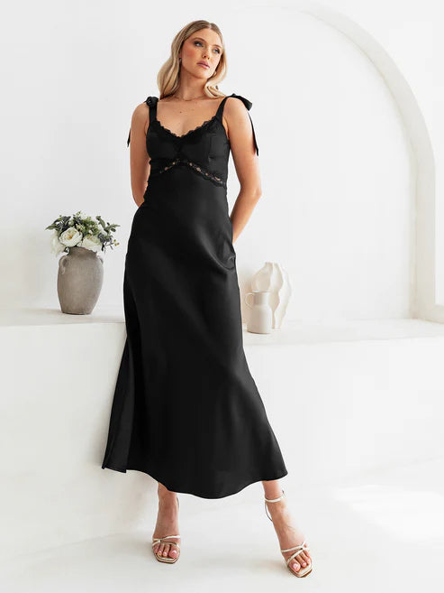 Maya Black Tie Shoulder Strappy Satin Midaxi Dress