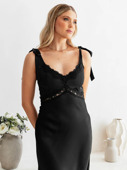 Maya Black Tie Shoulder Strappy Satin Midaxi Dress