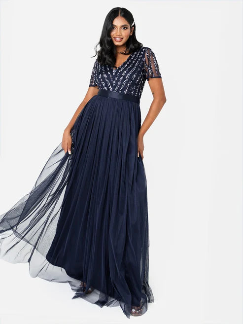 Maya Navy Stripe Embellished Maxi Dress