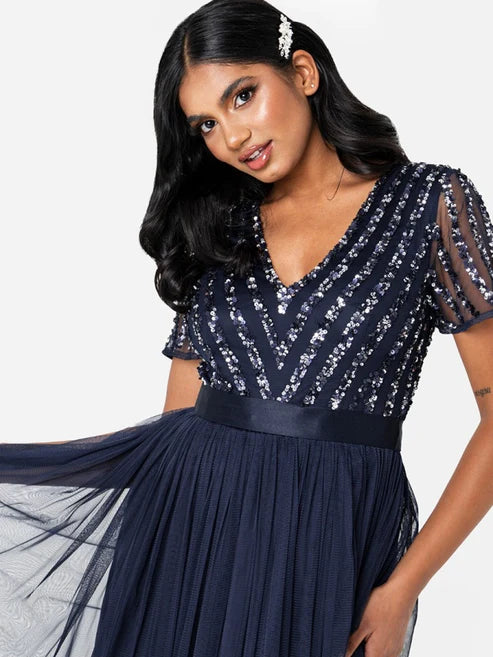 Maya Navy Stripe Embellished Maxi Dress