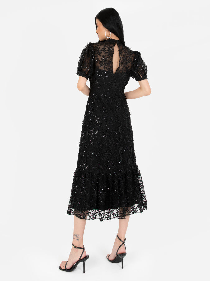Maya Embroidery & Sequin High Neck Midi Dress