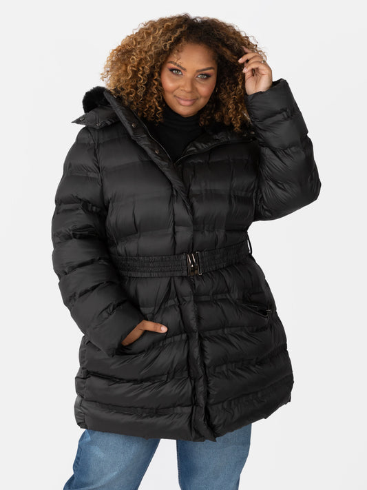 Lovedrobe Belted Puffer Coat With Removable Hood