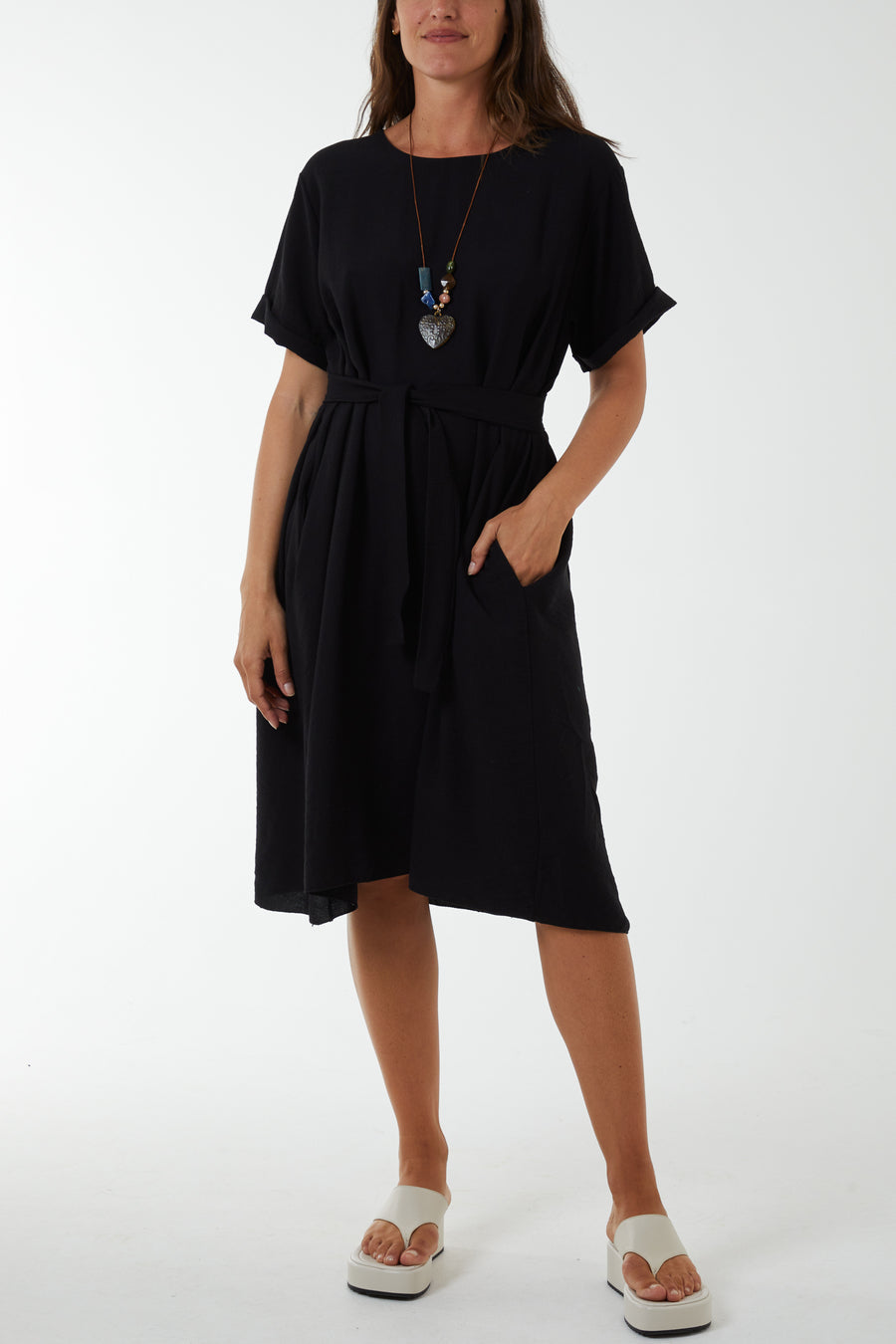 Black Belted Dress with Necklace