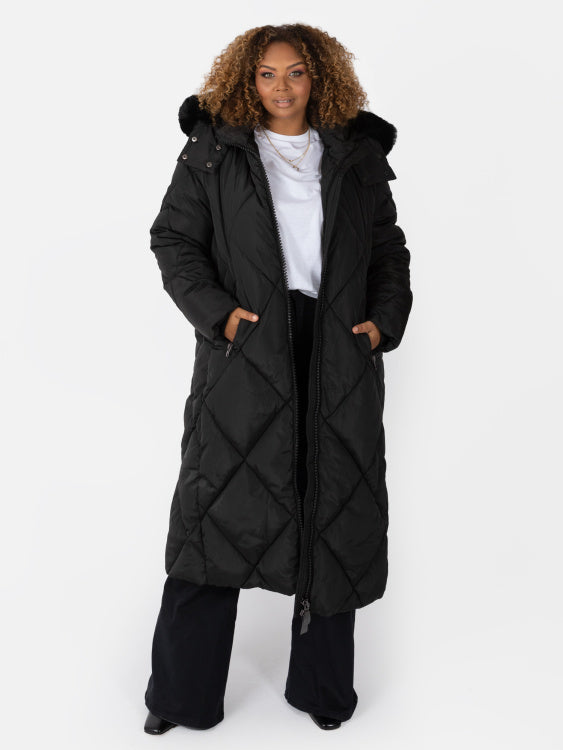 Lovedrobe Longline Coat with Removable Faux Fur Hood
