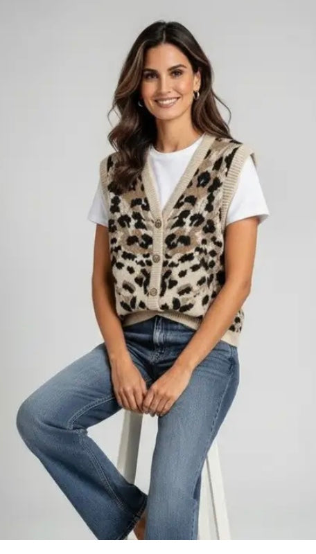 Leopard Print Knit Waistcoat