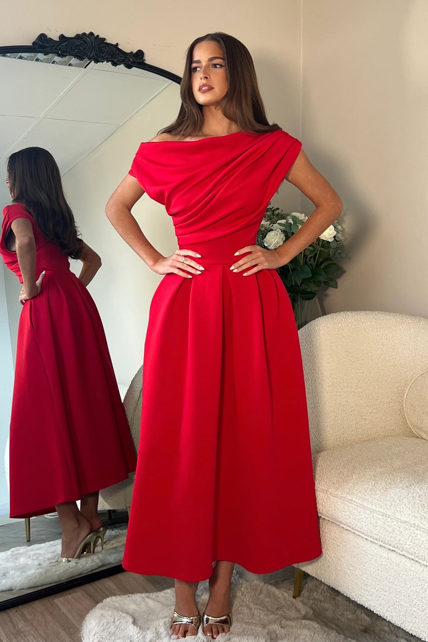 Girl In Mind Betty Asymmetrical Neckline Skater Midi Red