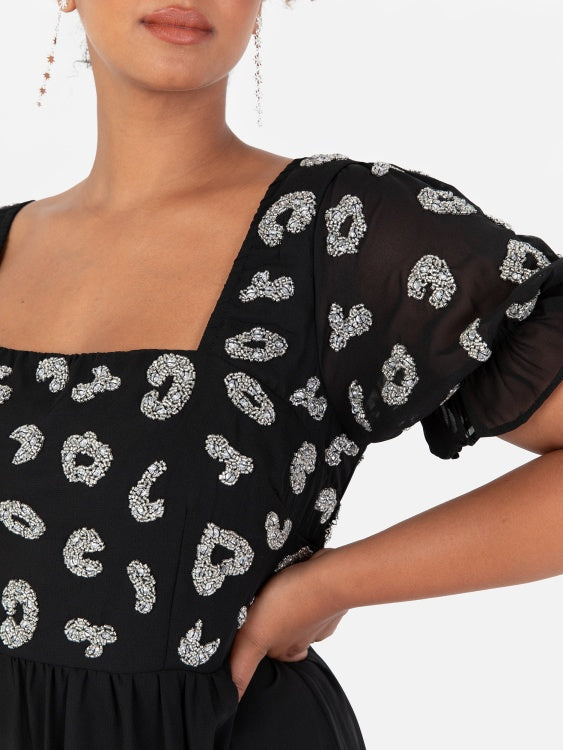 Lovedrobe Luxe Black Square Neck Embellished Midi Dress