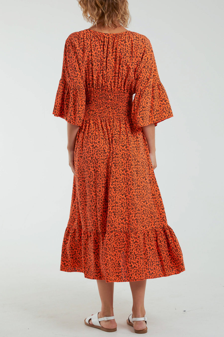 Leopard Print Shirred Bodice Midi Dress