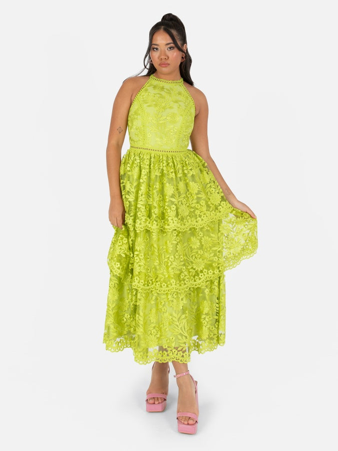 Maya Lime Green Halter Neck Lace Midi Dress
