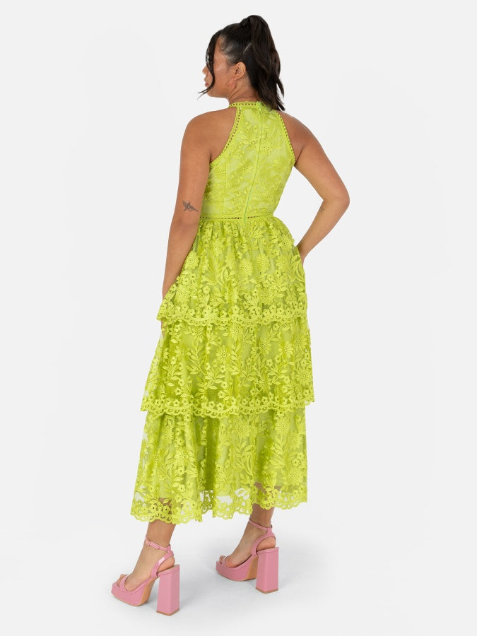 Maya Lime Green Halter Neck Lace Midi Dress